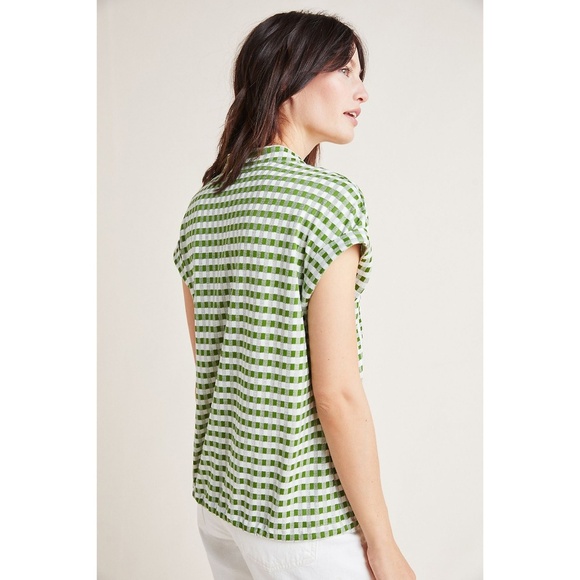 Eva Franco Anthropologie Drawstring hem Gingham Light Green Top Knit Blouse - Picture 3 of 8